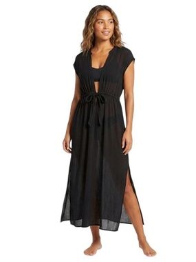 Kona Sol Gauze Maxi Swim Cover Up Dress S/M Black Duster Costal Resort Ibiza